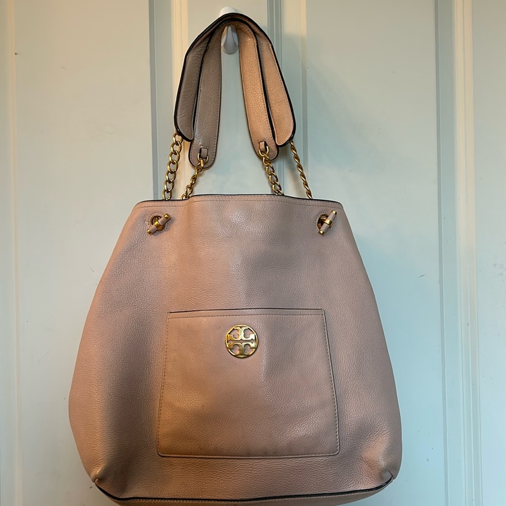 Tory Burch Pink Leather Bucket Tote.